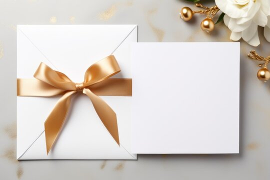 White greeting cards with golden bow and floral decoration on gray background. Elegant wedding invitation mockup. Romantic holiday card design with copy space - Powered by Adobe