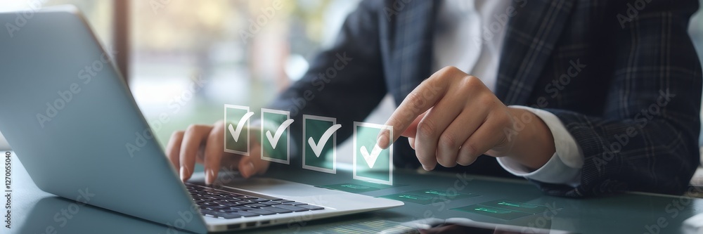 Poster person using laptop with checklist verification boxes on screen