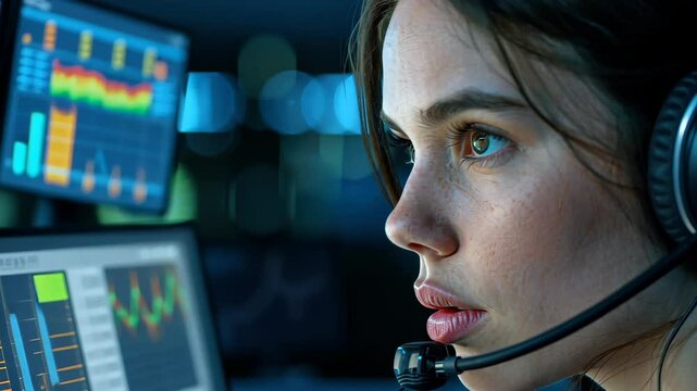 Vibrant customer service office with elegant female representative assisting clients on a computer.