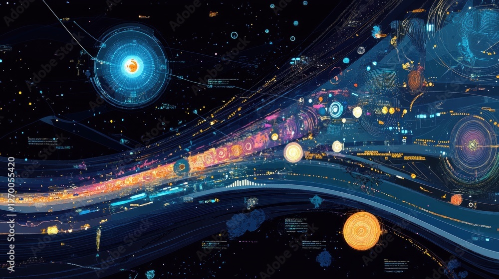 Poster fintech digital transformation, interconnected real-time transactions visualized globally.
