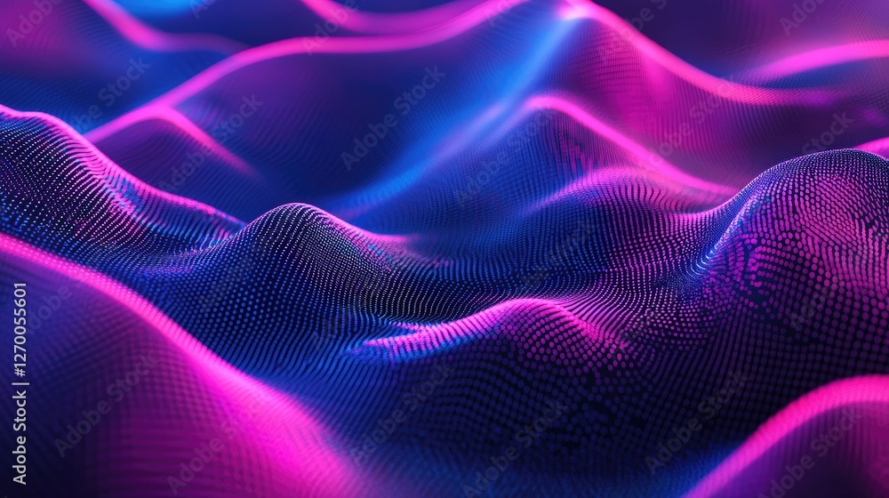 Poster flowing, glowing abstract waveforms in neon pink and blue, creating a high-tech ambiance.