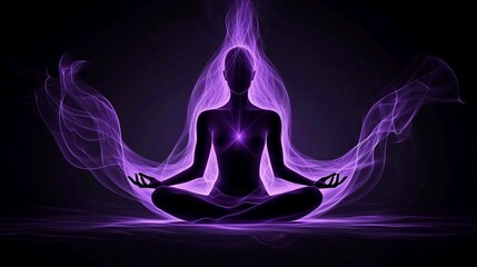 Serene female silhouette meditating in purple energy flames.