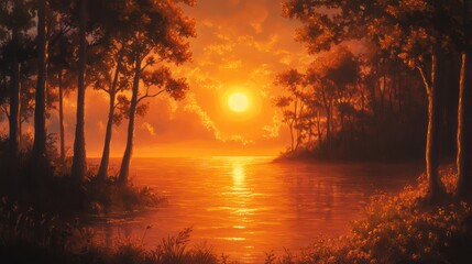 Golden hour paints serene lakeside forest with ethereal light display