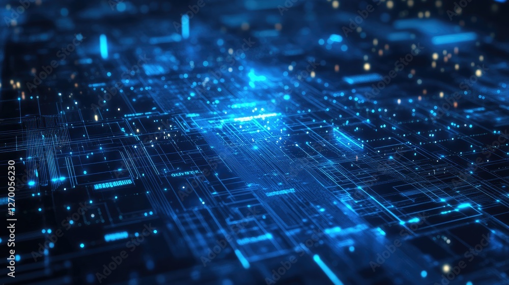 Poster futuristic digital data exchange background with glowing blue networks and cloud computing visuals.