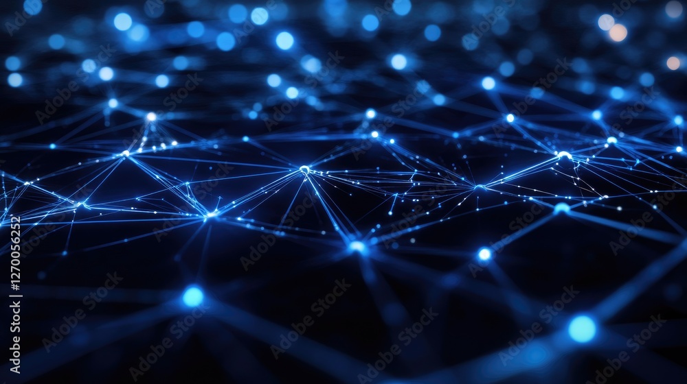 Poster futuristic digital data exchange background with glowing blue networks and cloud computing visuals.