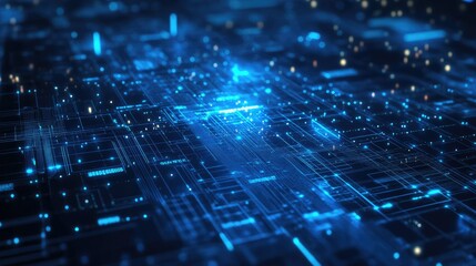 Futuristic digital data exchange background with glowing blue networks and cloud computing visuals.