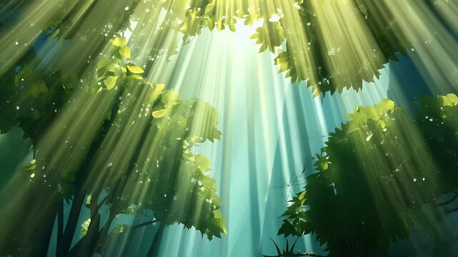 4K ultra HD animation capturing peaceful forest scene where sunlight beams pierce leafy canopy illuminating sparkling dew delicate spider bs foliage