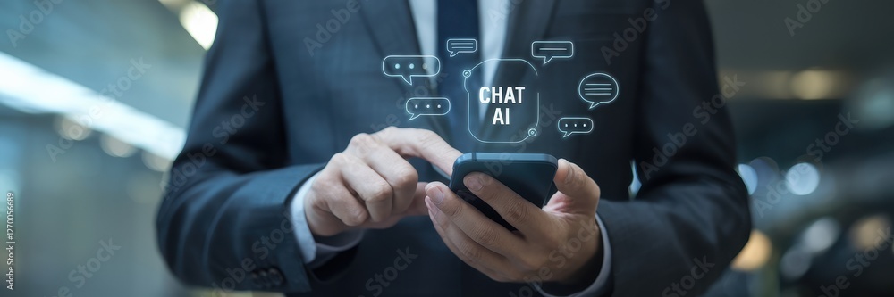 Poster businessman using smartphone to interact with chat ai application