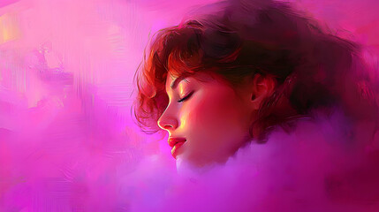 Fototapeta premium Serene woman, pink digital art, dreamy background, profile view, website header