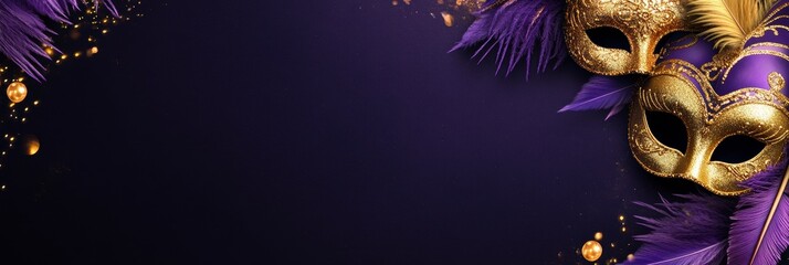 Colorful Mardi Gras Masks with Party Decorations on a Vibrant Purple Background