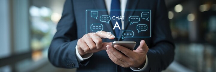 Businessman interacting with chat ai interface on smartphone screen