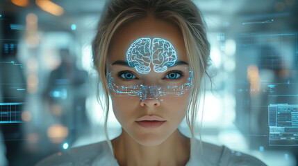 a young woman with a serious, focused expression. Her eyes are looking straight ahead, and futuristic holographic elements are projected over her face:  
