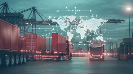 Futuristic world economy visualization, interconnected logistics hubs, global business trade pathways, international freight movement