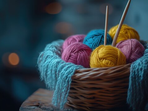 Close-up of colorful yarn balls in woven basket with wooden picks.