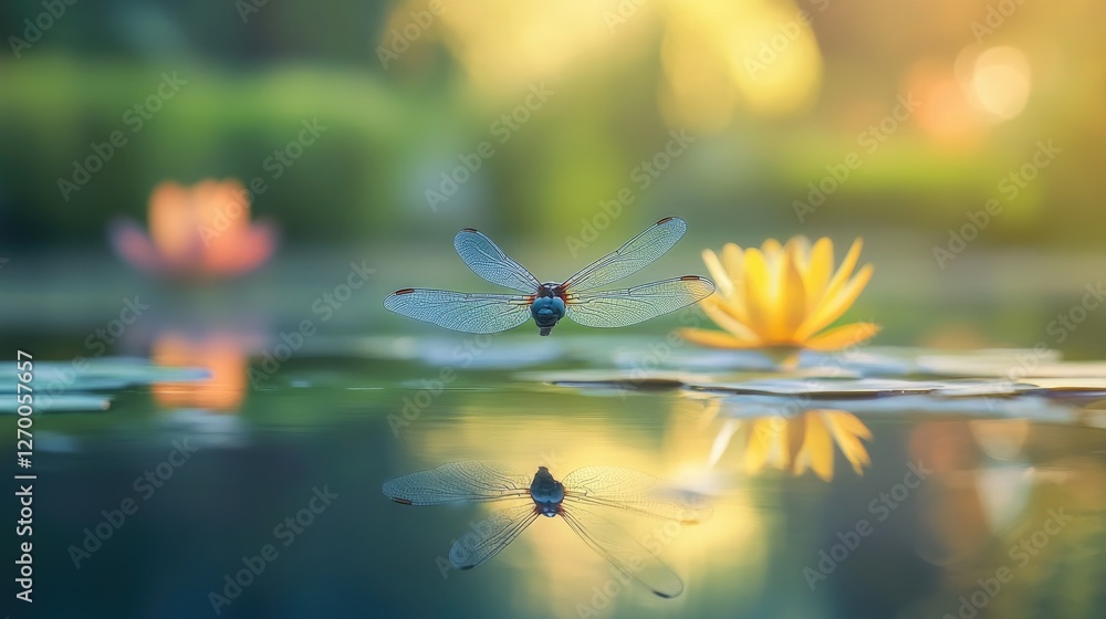 Poster a beautiful dragonfly hovering just above a tranquil pond, its delicate reflection mirrored in the w