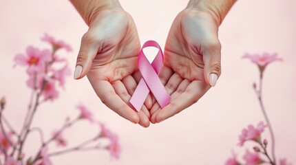 Woman holding pink ribbon on color background, closeup. Breast cancer awareness concept