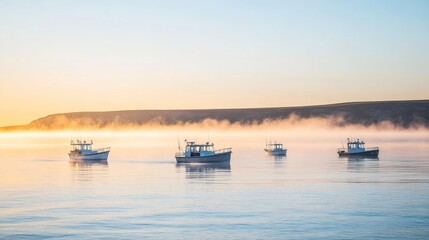Fishing boats at dawn in misty waters a tranquil coastal scene