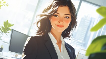 illustration of a woman in business attire, smiling in an office setting.