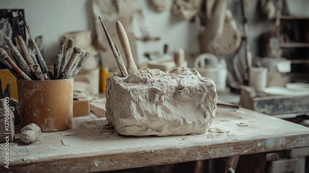 Poster A block of clay on a workbench, with sculpting tools carefully placed inside it, highlighting the artistry and work involved in creating sculptures.