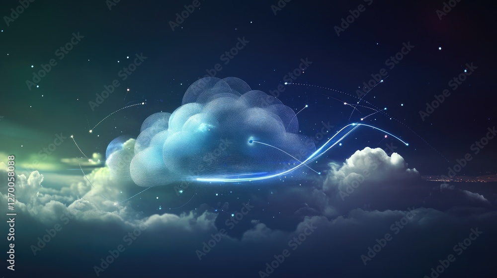 Poster global data center visualization with cloud ai-driven information sharing and futuristic tech.