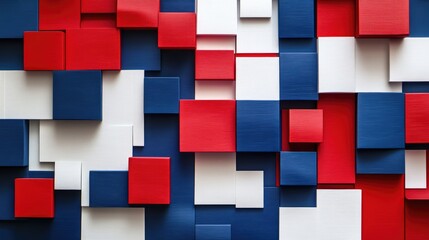 A bold abstract design featuring square sticky notes in red, white, and blue, arranged in an eye-catching pattern that evokes patriotism and unity.