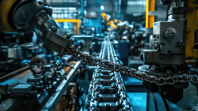 A busy industrial workshop with chain links in focus, surrounded by machinery, tools, and robots, emphasizing the precision of manufacturing.