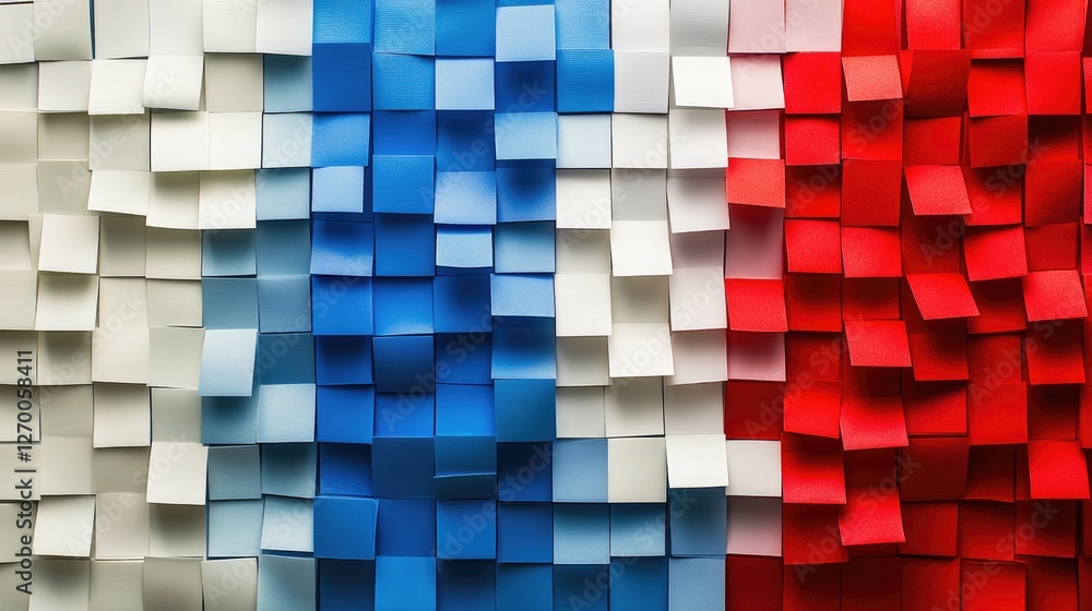 Poster a captivating abstract composition made up of square sticky notes in red, white, and blue, arranged 