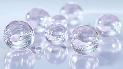 Pink translucent spheres reflecting light on a white surface, studio shot,  for beauty or science background
