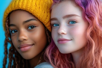 Obraz premium Two friends showcasing vibrant hair colors and joyful expressions in a bright setting