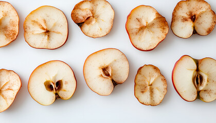 Organic apple cinnamon chips (slices) over white background with copy space - healthy vegan vegetarian fruit snack or ingredient for baking