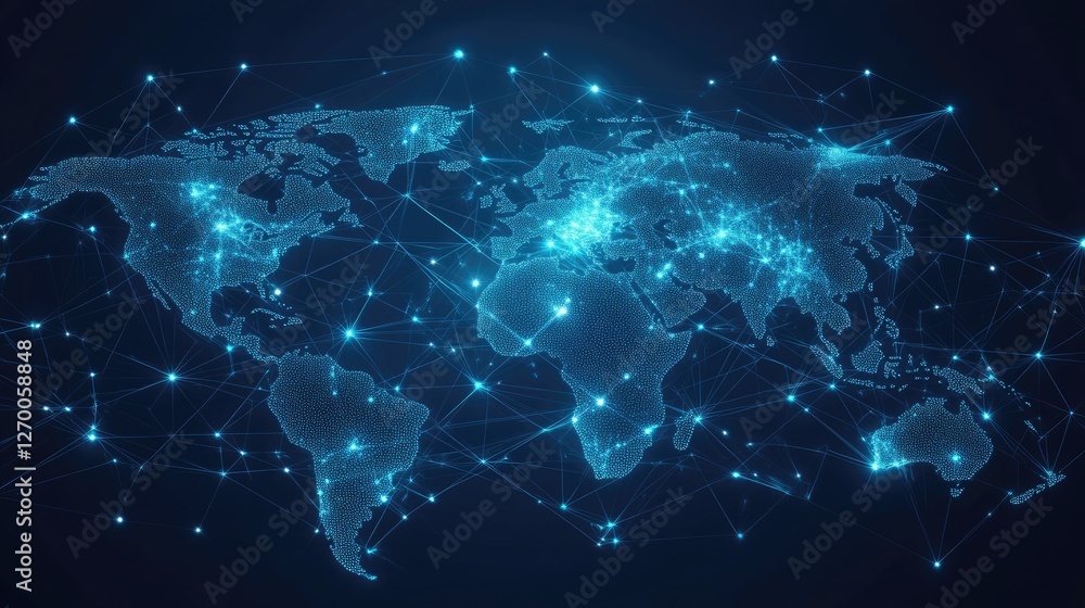 Poster global financial transactions, digital world map with interconnected payment system data.