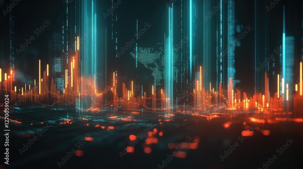 Poster global financial strategy visualization with interconnected trade insights, predictive market analyt