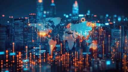 Global fintech innovation, interconnected financial hubs glowing on a digital world map.