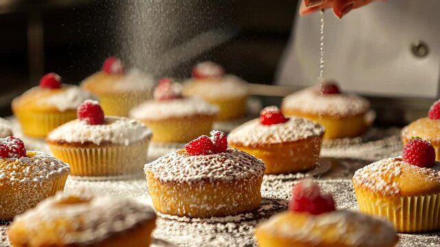 Close-up of fruit cakes, delicately sprinkled with snowy icing sugar, a sweet spectacle, Ai Generated.