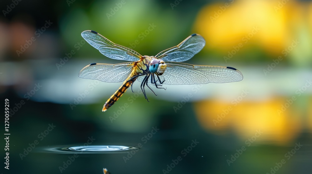 Poster A close-up of a dragonfly hovering above a calm pond, with its reflection visible in the still water, creating a peaceful and serene nature scene.