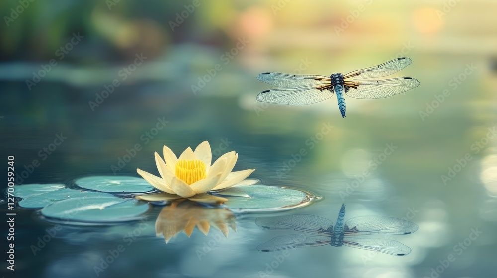 Poster a close-up of a dragonfly hovering above a calm pond, with its reflection visible in the still water