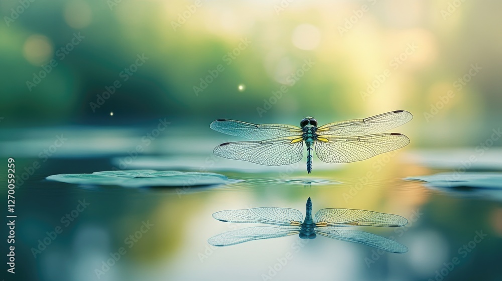 Poster A close-up of a dragonfly hovering above a calm pond, with its reflection visible in the still water, creating a peaceful and serene nature scene.