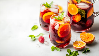 Red wine sangria or punch with fruits and ice in glasses and pitcher. Homemade refreshing fruit sangria on white background, copy space