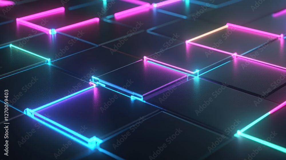 Poster futuristic gridscape: neon lines and squares in a dynamic arrangement