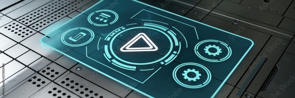 Poster illuminated futuristic control panel with icons and triangle symbol