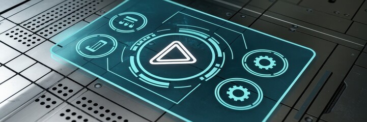Illuminated futuristic control panel with icons and triangle symbol