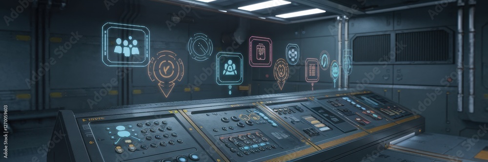 Aufkleber futuristic control panel with holographic interface inside a spaceship