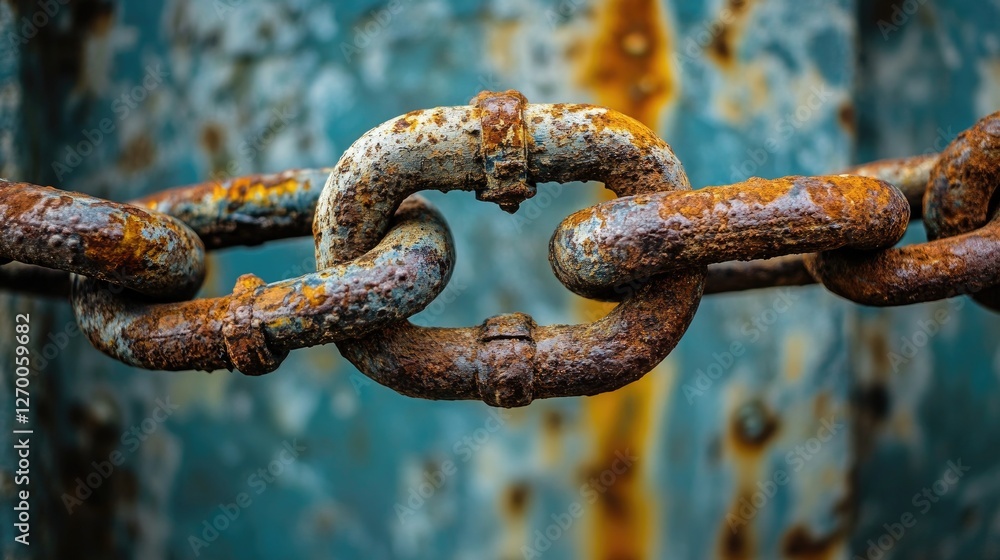 Poster A close-up of a rusted chain hanging from a metal surface, showcasing the worn texture of both the chain and the surface, symbolizing decay and abandonment.