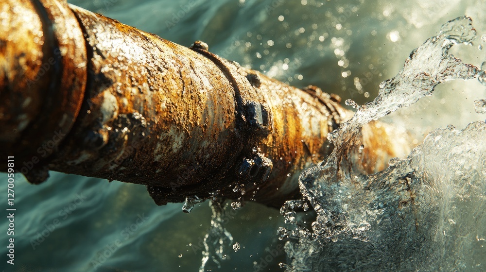 Poster a close-up of a rusty, damaged water pipe bursting with water leaking out, underscoring the importan