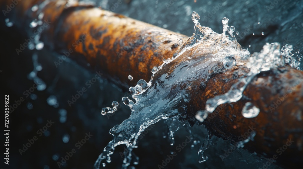 Poster a close-up of a rusty, damaged water pipe bursting with water leaking out, underscoring the importan
