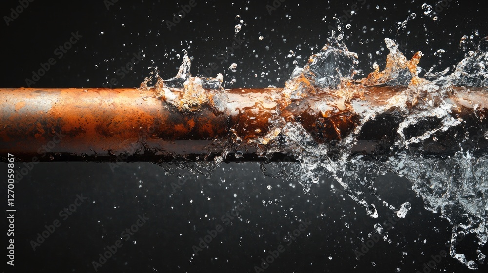 Poster a close-up of a rusty, damaged water pipe bursting with water leaking out, underscoring the importan