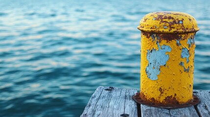 Naklejka premium A close-up of a rusty yellow bollard on a wooden dock, with peeling paint and rust, reflecting the colors of the ocean and sky.