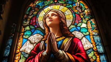 Fototapeta premium A close-up of a stained glass window featuring a praying saint, with vibrant colors and intricate designs, casting beautiful light across the room.