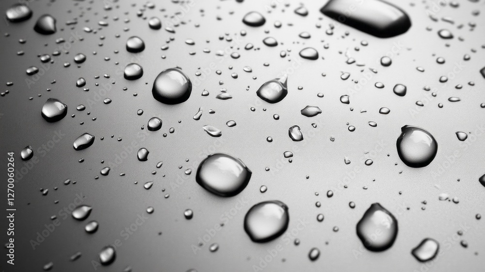 Poster Water droplets rest gently on a reflective surface, capturing light and creating a play of reflections. Each droplet varies in size, contributing to an exquisite visual harmony