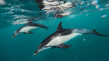 Naklejka premium Dolphins swimming underwater in ocean, sunlight reflecting on surface; marine wildlife, nature documentary